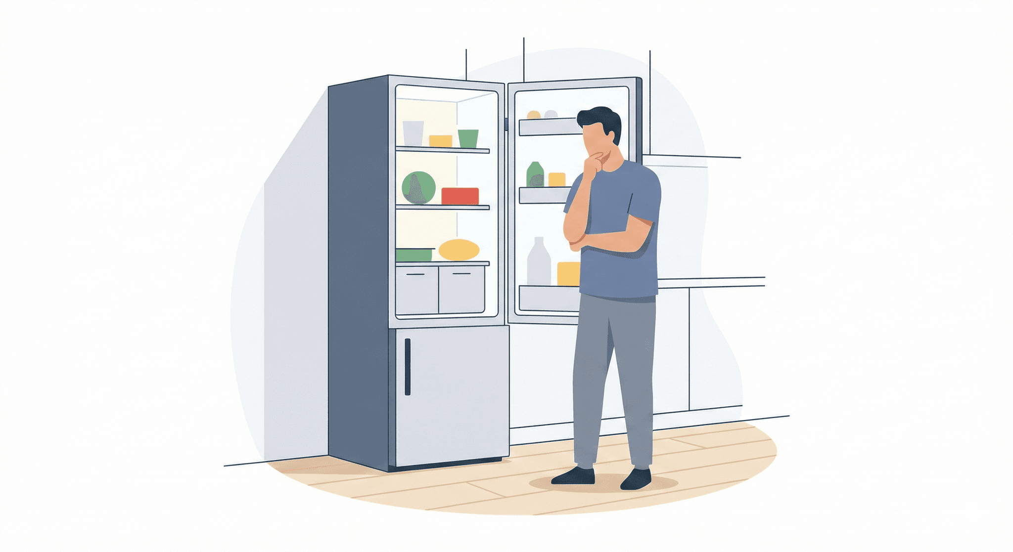 Person standing in front of fridge, wondering what to eat