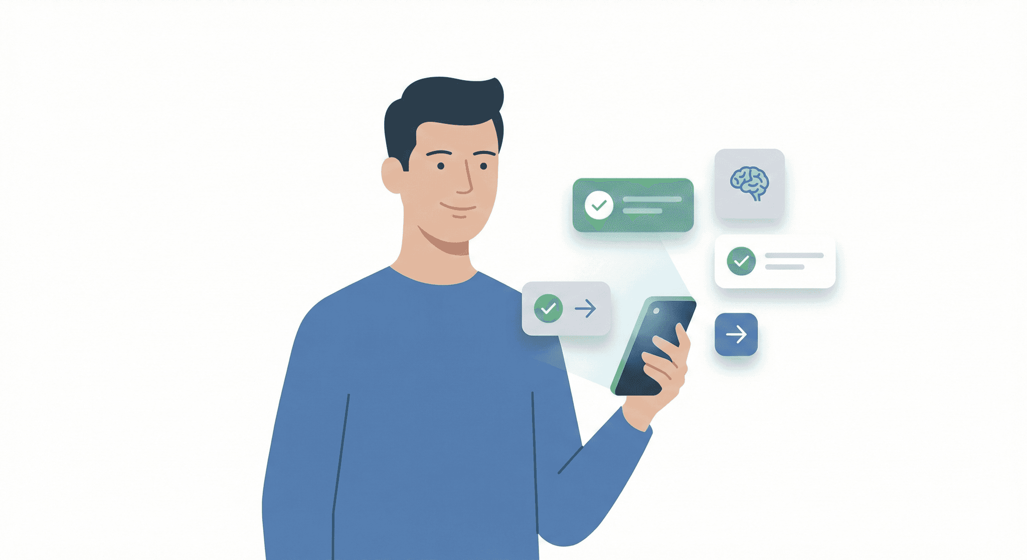 Phone with floating UI cards showing coaching features